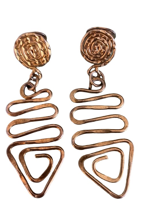 Jewelry - Vintage Handcrafted Copper Gold Spiral Drop Earring